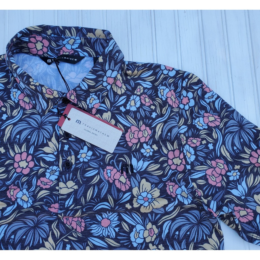 Travis Mathew Mens Small Floral Polo Shirt Blue Pink Short Sleeve NWT Golf Wear